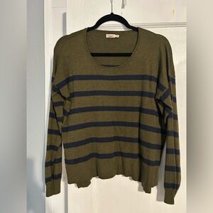 Faherty Olive and Navy Striped Crew Neck Sweater